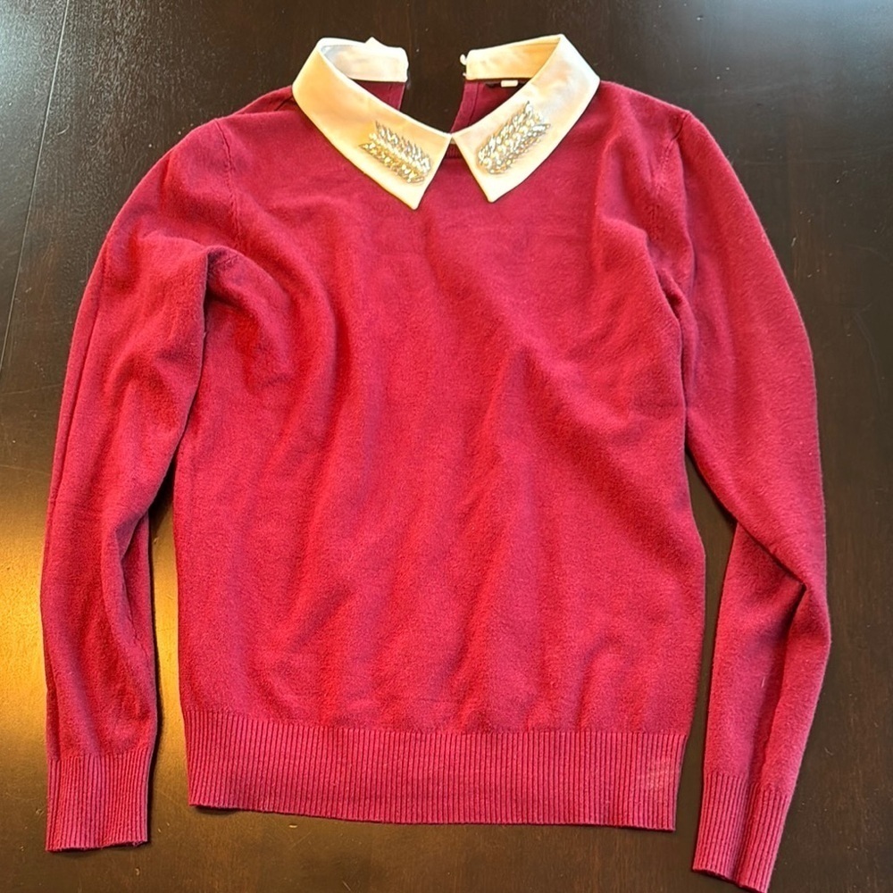 Milano Red Crew Neck Sweater with Embellished Collar